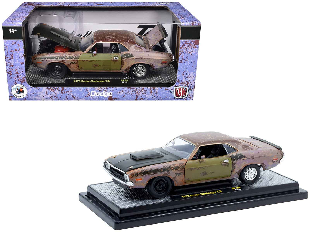 Rusted 1970 Dodge Challenger T/A diecast model car by M2 Machines, limited edition 1/24 scale collectible from Miniature Motors.