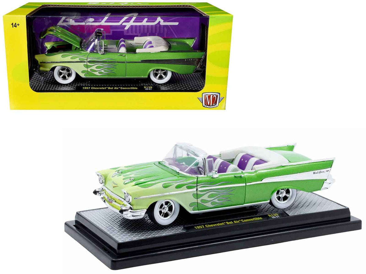 Green metallic 1957 Chevrolet Bel Air convertible diecast model with flame graphics, purple and white interior by Miniature Motors.
