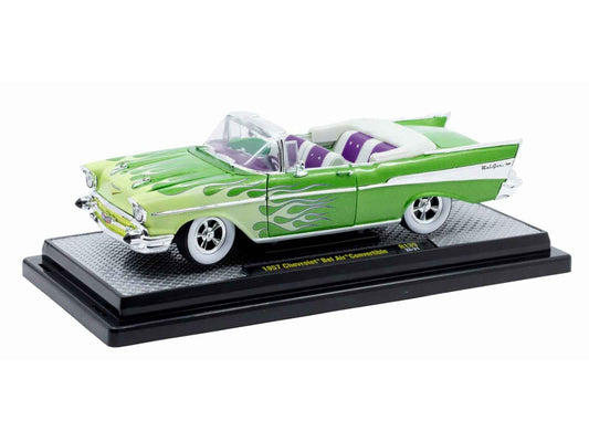 1957 Chevrolet Bel Air Convertible Green Metallic with Flame Graphics and Purple and White Interior Limited Edition to 4050 pieces Worldwide 1/24 Diecast Model Car by M2 Machines