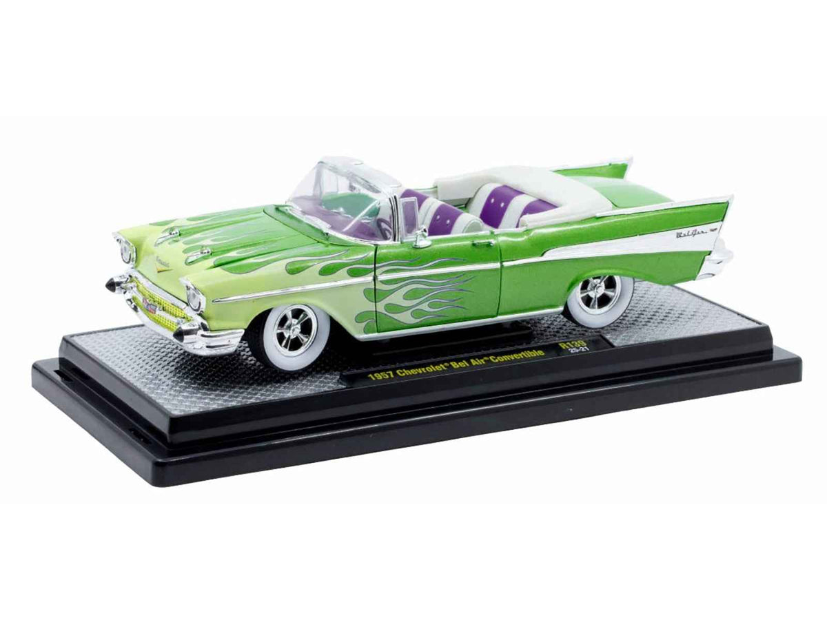 Green metallic 1957 Chevrolet Bel Air convertible diecast model by Miniature Motors, with flame graphics and purple-white interior.