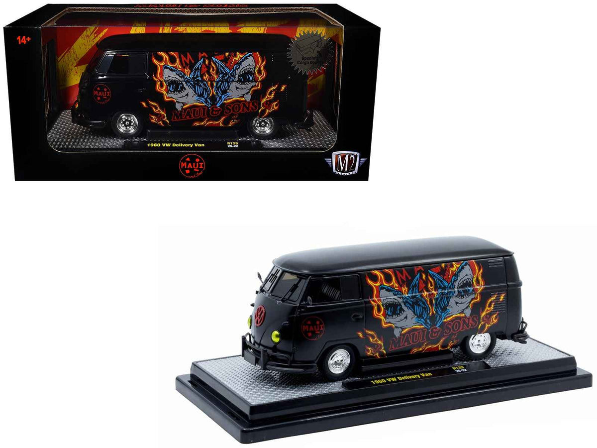 Miniature Motors 1/24 diecast model of limited edition 1960 Volkswagen Delivery Van "Maui & Sons" in black with graphics.