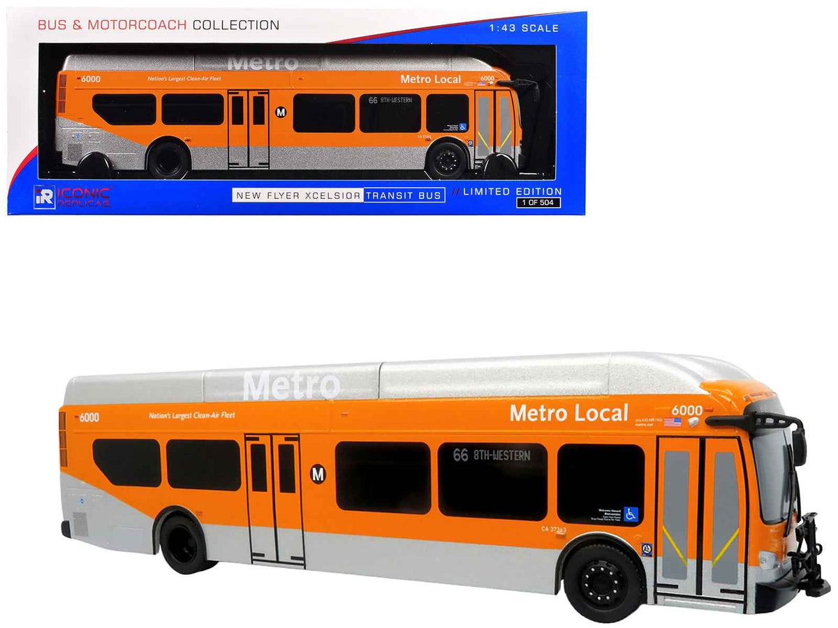 Miniature Motors Los Angeles Metro New Flyer Xcelsior transit bus model in orange and silver, part of The Bus & Motorcoach Collection.