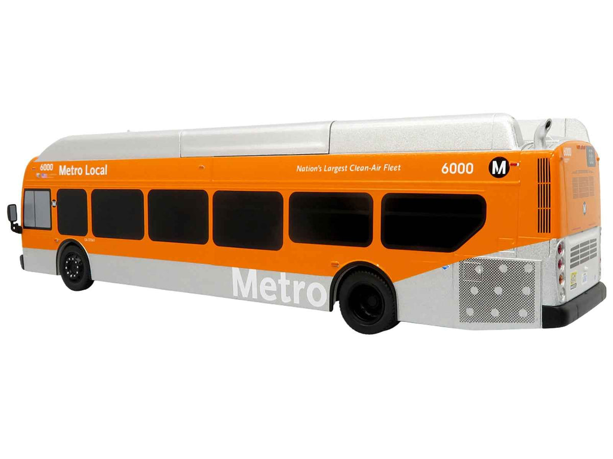 Miniature Motors Los Angeles Metro Xcelsior transit bus model in orange and silver, part of The Bus & Motorcoach Collection, 1/43 scale.