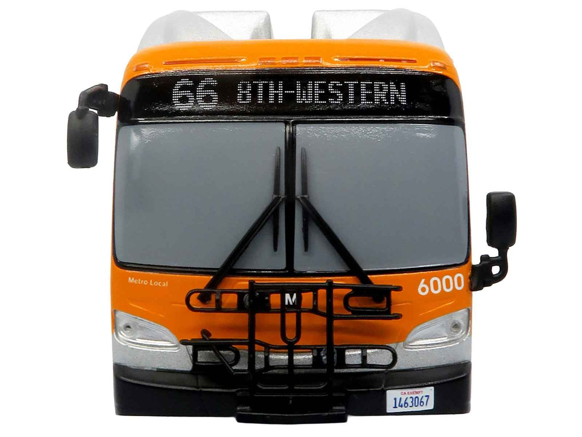 Miniature Motors Los Angeles Metro Xcelsior transit bus model in orange and silver, part of The Bus & Motorcoach Collection, limited edition.