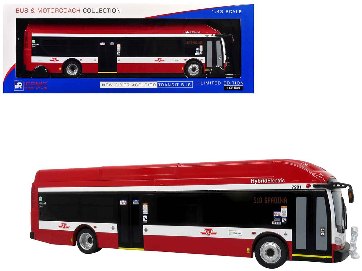 Miniature Motors Toronto Transit Commission New Flyer Xcelsior bus model in red and white, limited edition 1/43 scale by Iconic Replicas