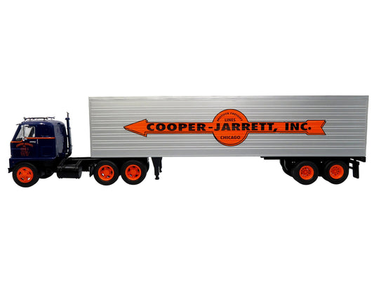1959 International DCOF-405 Truck with Box Trailer "Cooper Jarrett Inc." Dark Blue with Orange Stripes "North American Vintage Truck Collection" 1/43 Diecast Model by Iconic Replicas