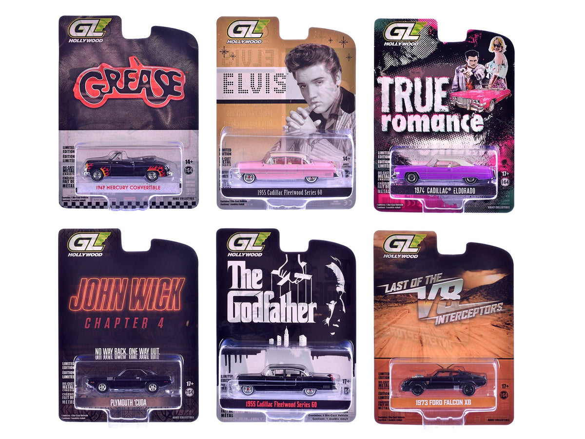 Set of six 1/64 scale diecast model cars from Hollywood Greatest Hits by Miniature Motors, featuring detailed miniature vehicles.