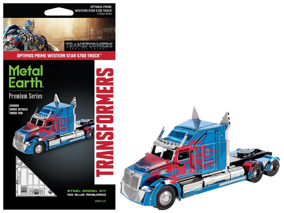Steel model of Miniature Motors Western Star 5700 truck "Optimus Prime" with red flames from Transformers: The Last Knight, detailed blue design.
