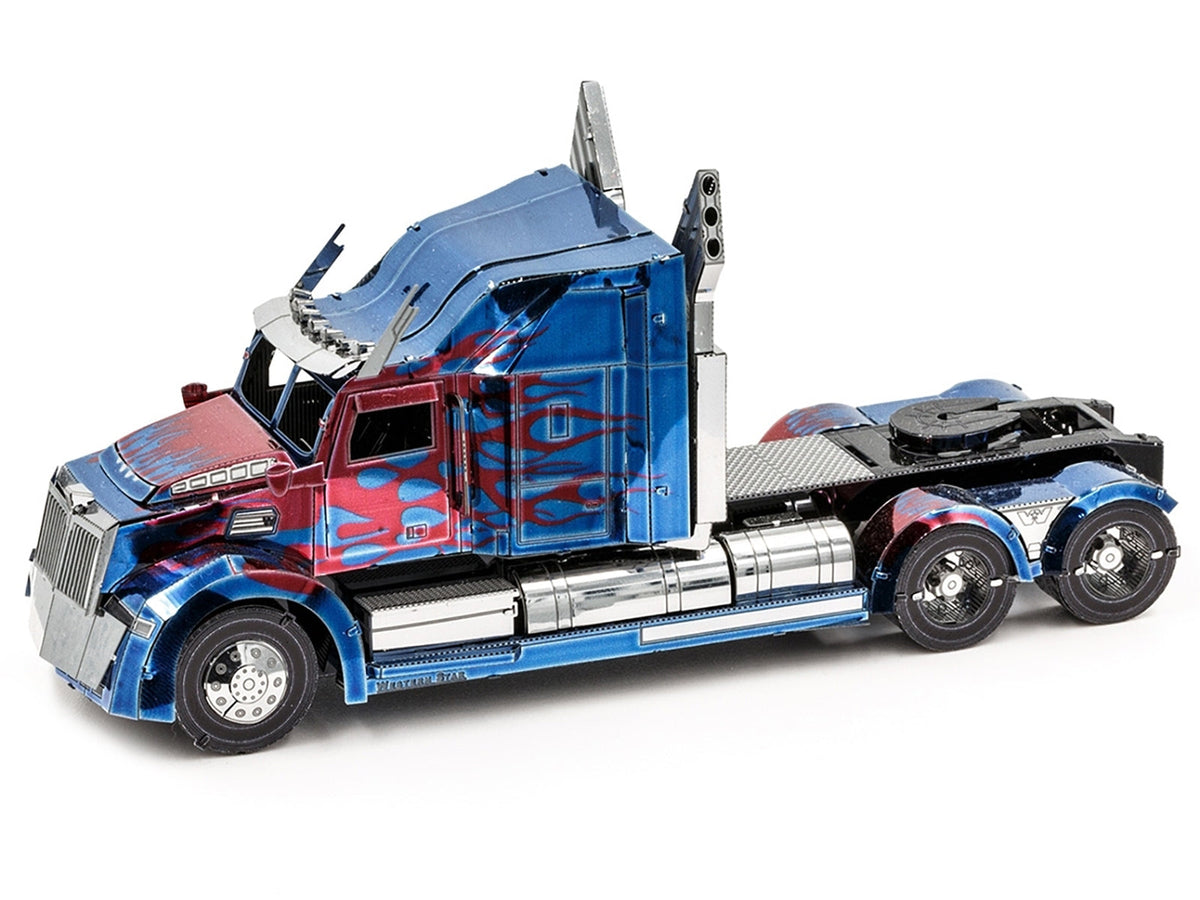 Metal Earth steel model of Western Star 5700 truck "Optimus Prime" from Transformers: The Last Knight, blue with red flames, detailed miniature.