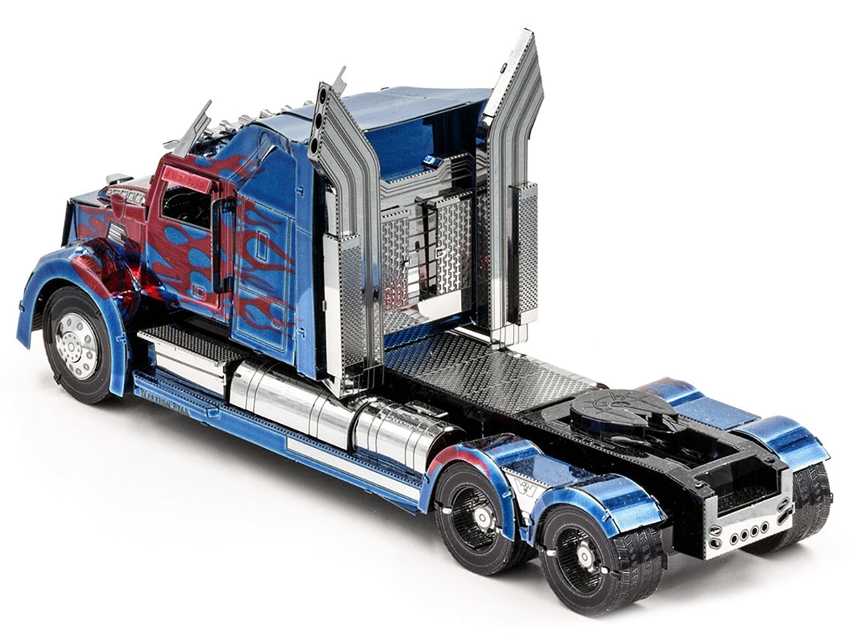Steel model kit of Western Star 5700 truck "Optimus Prime" with red flames from Transformers: The Last Knight, by Metal Earth.