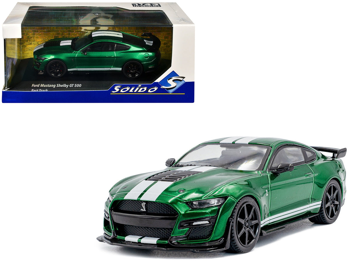 Diecast model of 2020 Ford Mustang Shelby GT500 in Eruption Green Metallic with white stripes by Solido, detailed miniature car.