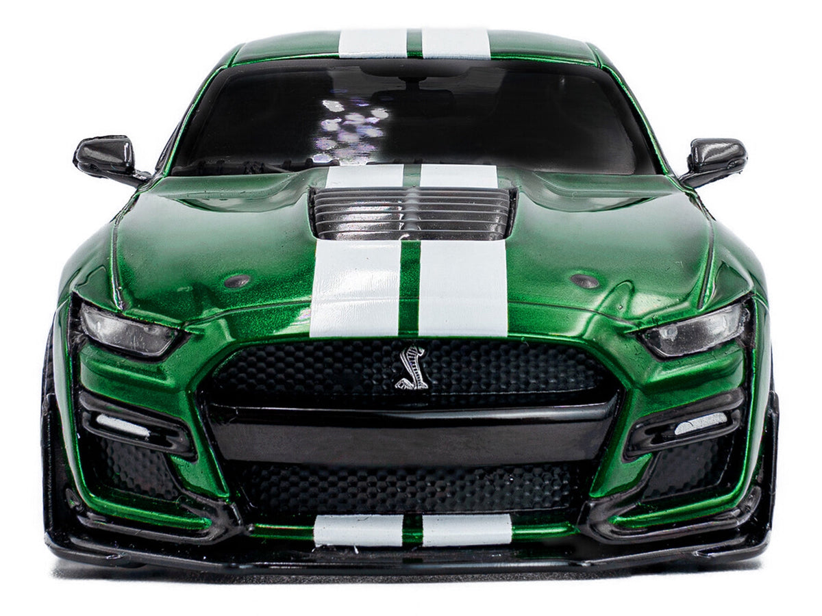 Miniature Motors 1/43 Ford Mustang Shelby GT500 diecast model in Eruption Green Metallic with white stripes, detailed car replica.
