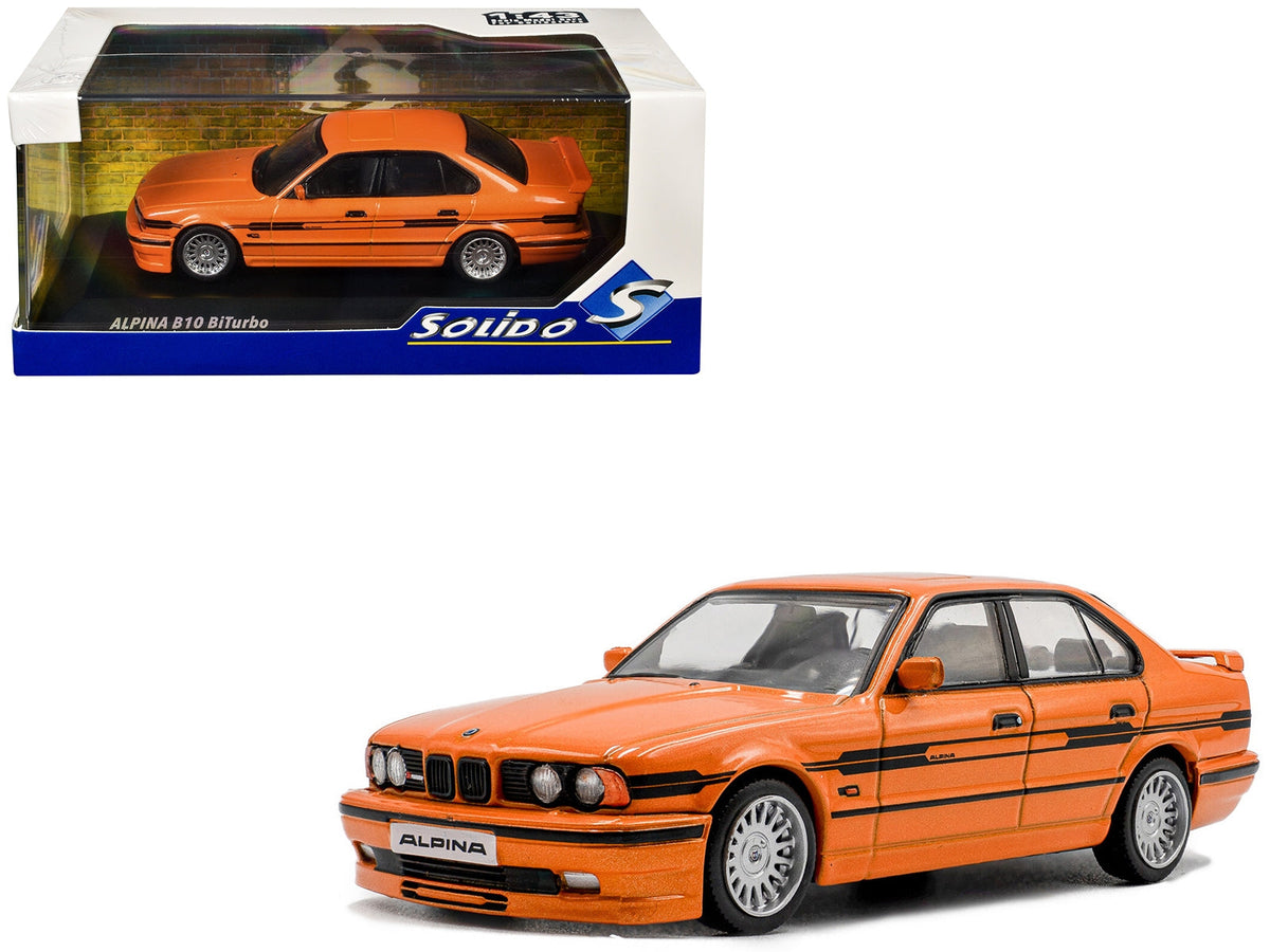 Miniature Motors 1/43 BMW E34 Alpina B10 BiTurbo model car in orange metallic with black stripes by Solido, detailed diecast scale replica