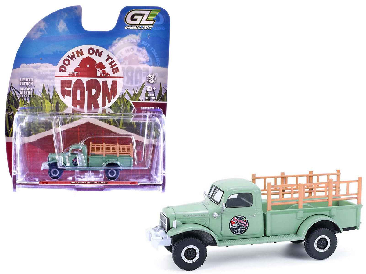 Miniature Motors 1/64 Dodge Power Wagon Pickup Truck model in green, "Strawberry Farm" series, detailed diecast model by Greenlight.