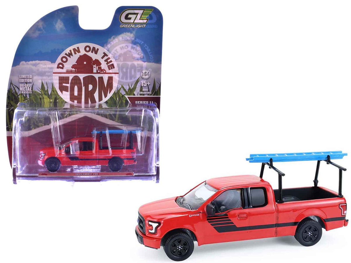 Red 2015 Ford F-150 pickup truck diecast model with ladder rack and black stripes, part of the Greenlight "Down on the Farm" series.