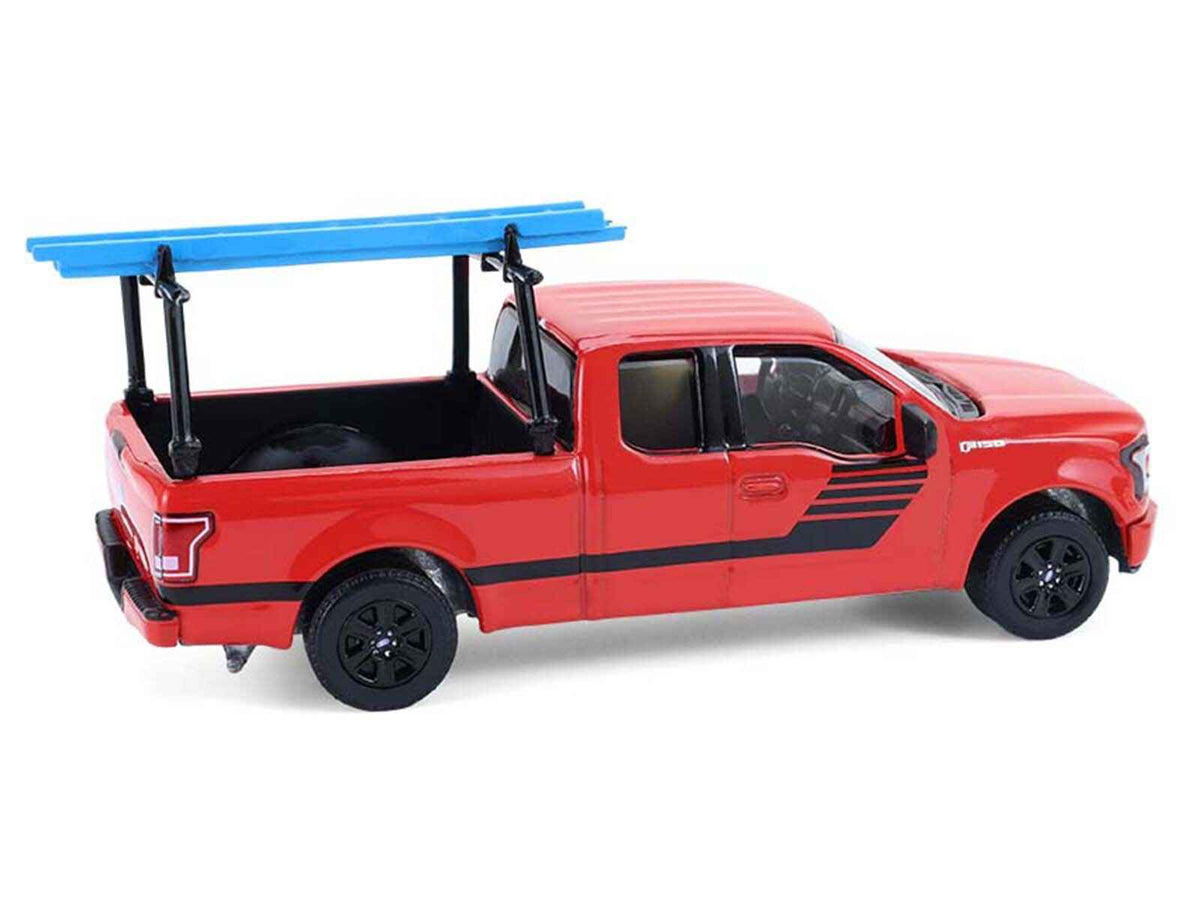 Miniature Motors 2015 Ford F-150 pickup truck diecast model with ladder rack, red with black stripes, part of the "Down on the Farm" series.