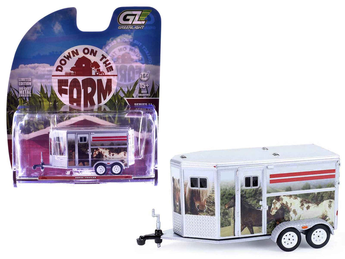 Miniature Motors 1/64 diecast horse trailer in silver with "Down on the Farm" custom horse wrap, detailed accessories.