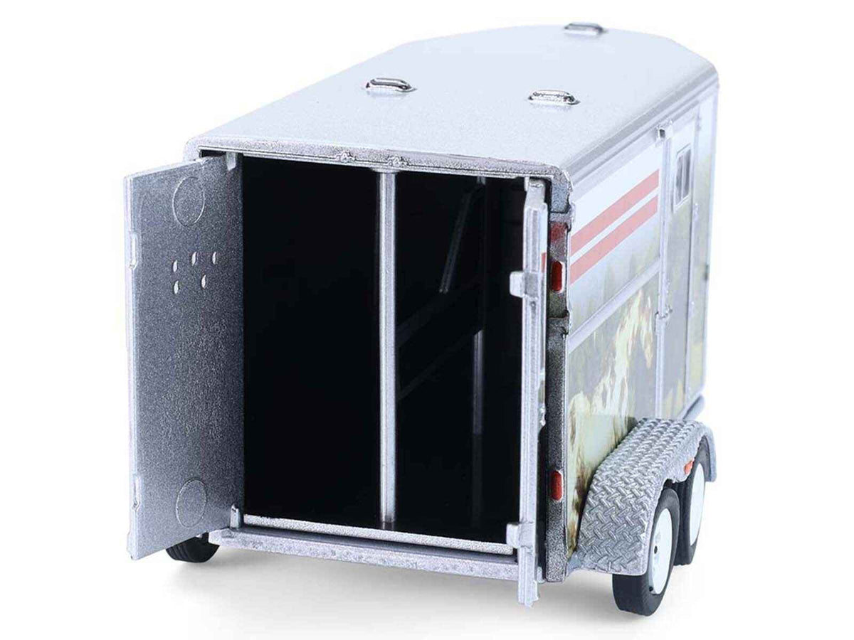 Miniature Motors 1/64 diecast horse trailer in silver with "Down on the Farm" custom horse wrap, detailed model accessory.