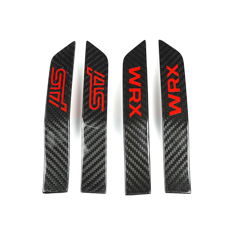 JDMuscle Tanso Carbon Fiber Fender Emblem V2 on a 2015-2021 Subaru WRX/STI, showcasing sleek black carbon fiber design on car fender.
