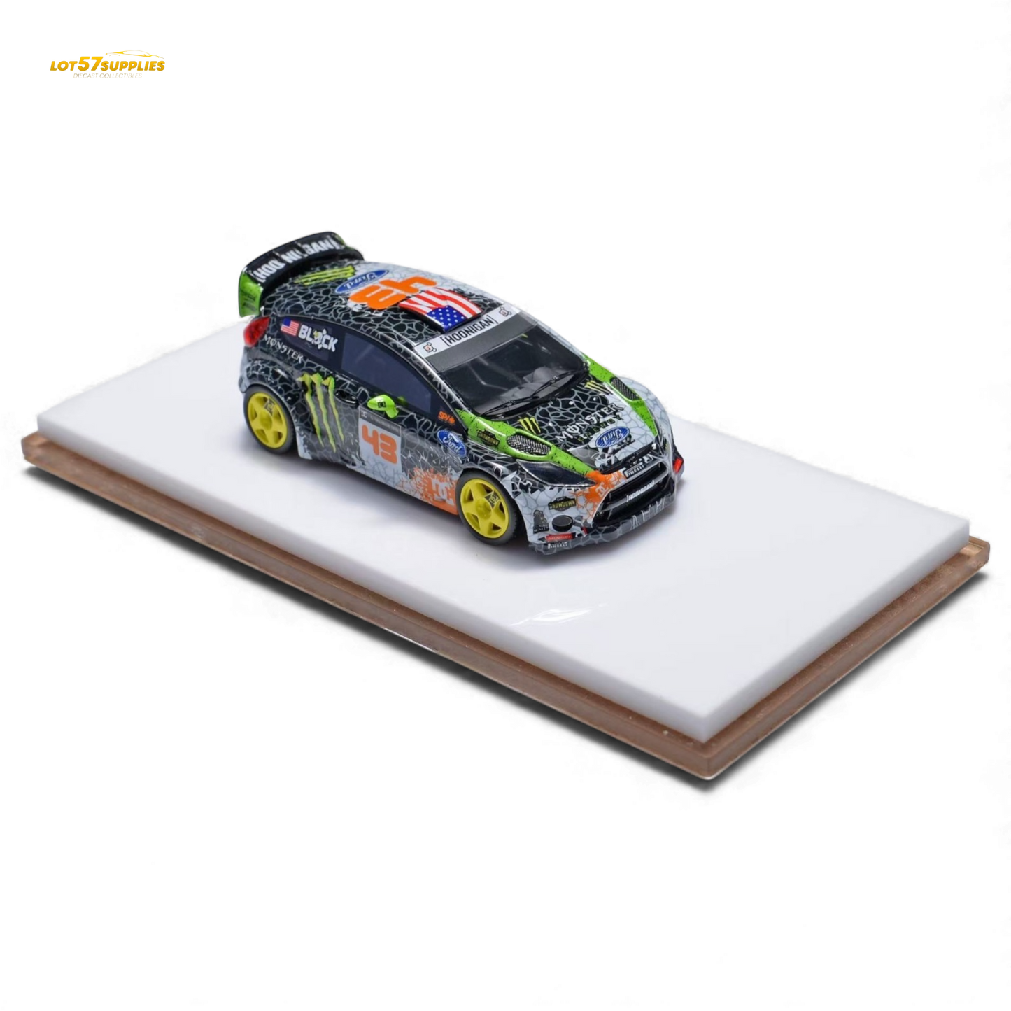 Miniature Ford Fiesta diecast model in Gymkhana livery, 1:64 scale, featuring detailed design and vibrant racing graphics.