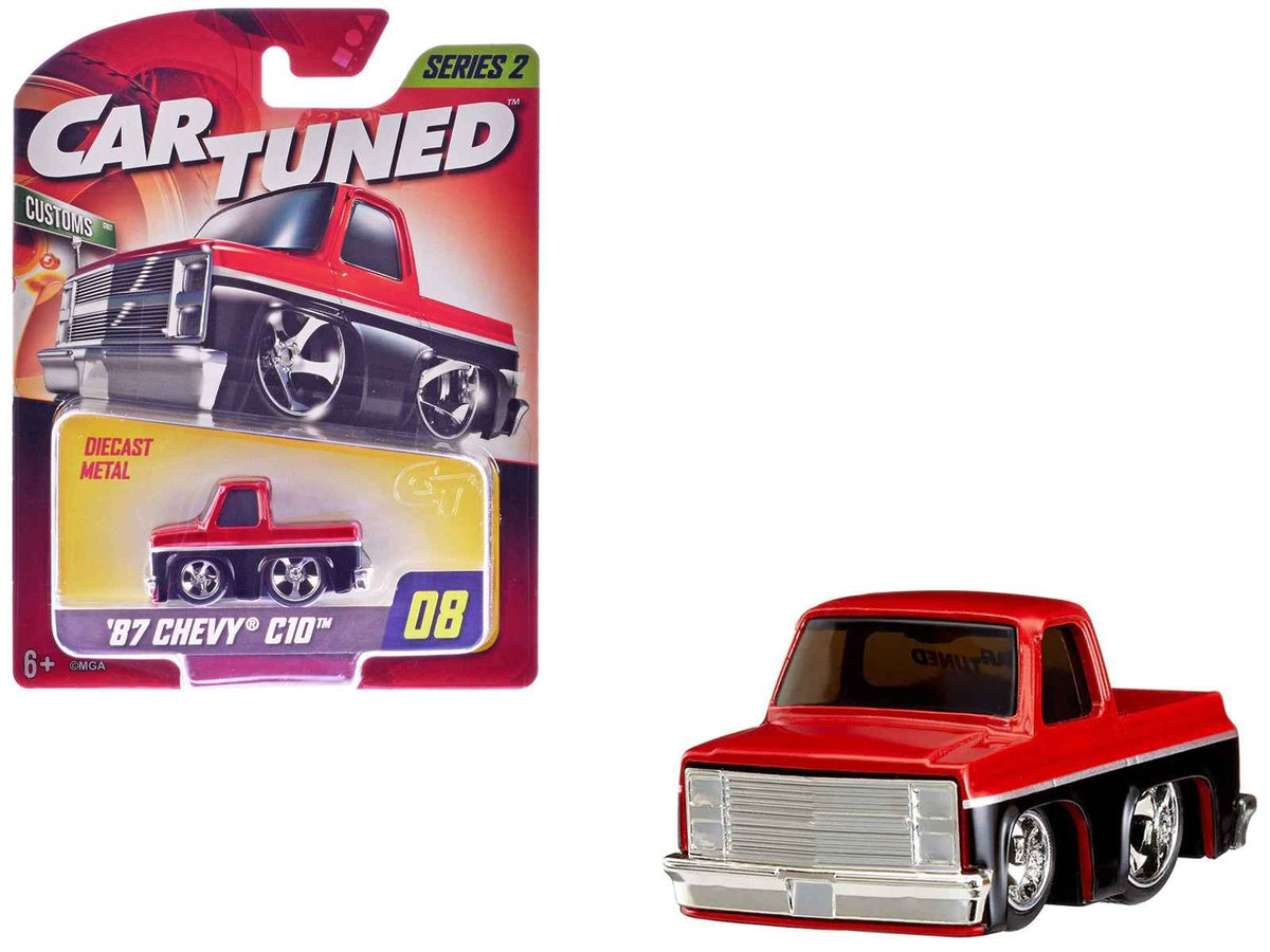 Red and black 1987 Chevrolet C10 pickup truck diecast model by Miniature Motors in the "Customs" series, detailed miniature car.
