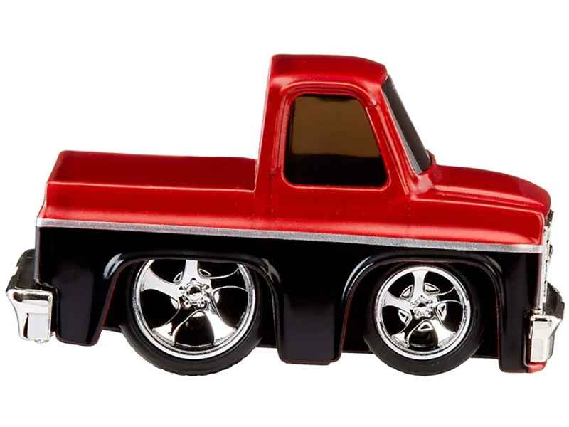 Red metallic and black 1987 Chevrolet C10 pickup diecast model by Miniature Motors, part of the CarTuned Customs series.