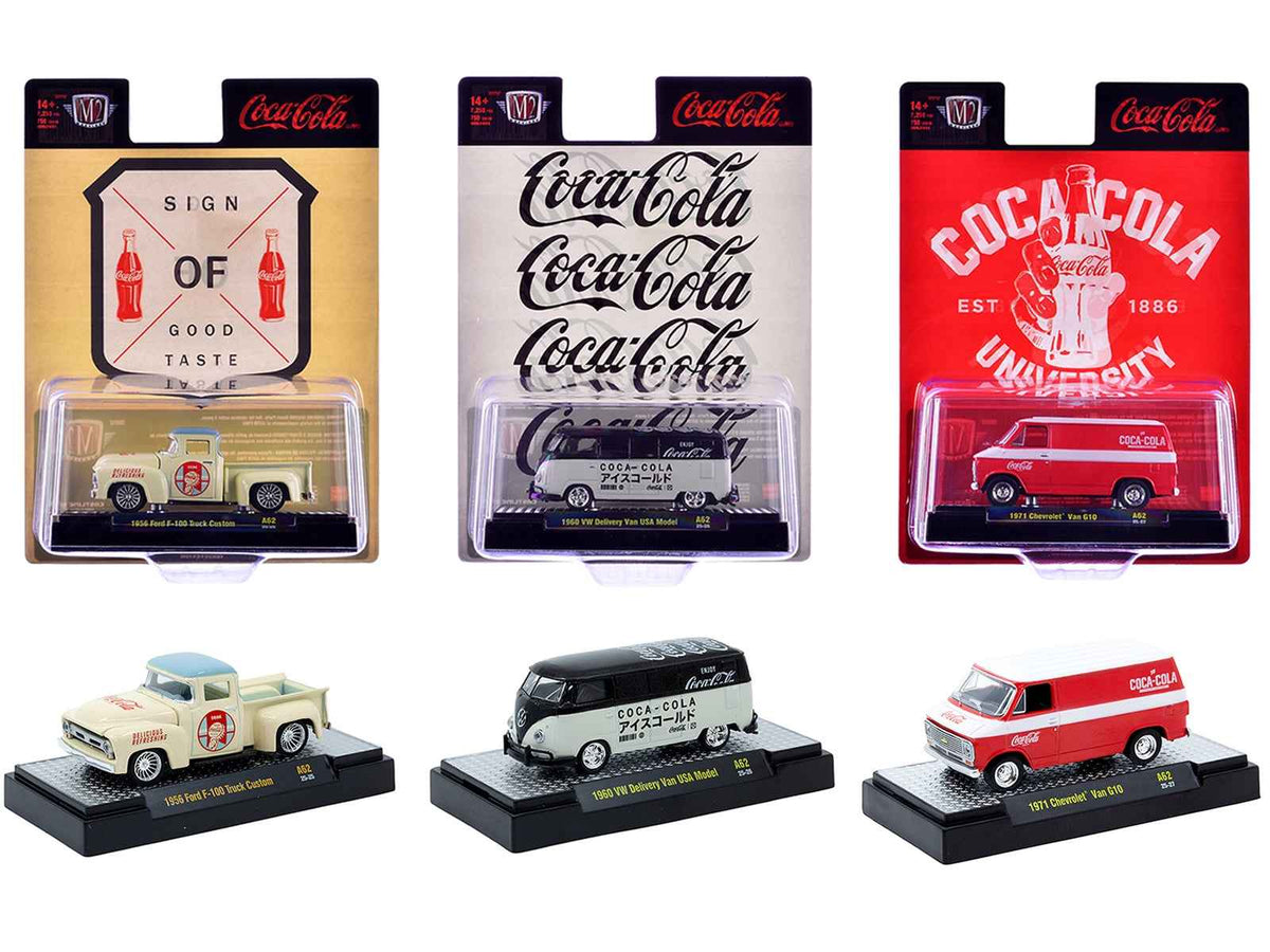 Set of three Coca-Cola 1/64 scale diecast model cars by Miniature Motors, limited edition release 62, numbered 1 of 8000 worldwide