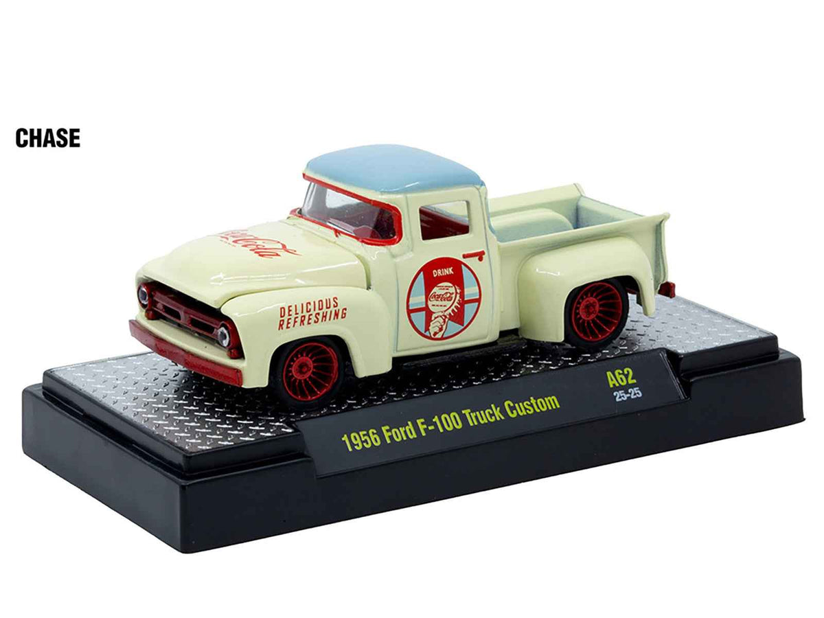 Set of three Coca-Cola 1/64 scale diecast model cars by Miniature Motors, limited edition release 62 by M2 Machines.