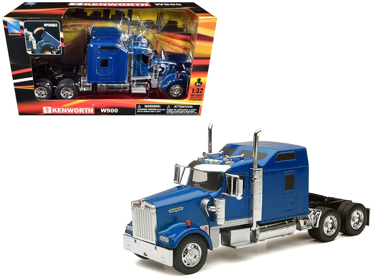 Blue metallic Kenworth W900 truck tractor diecast model by New Ray, detailed 1/32 scale miniature from Miniature Motors.