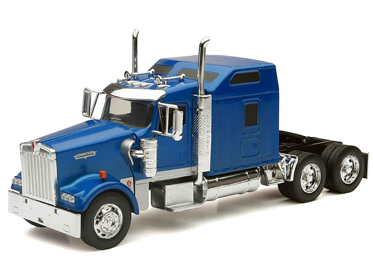 Blue metallic Kenworth W900 truck tractor diecast model by New Ray, 1/32 scale, detailed miniature vehicle by Miniature Motors.
