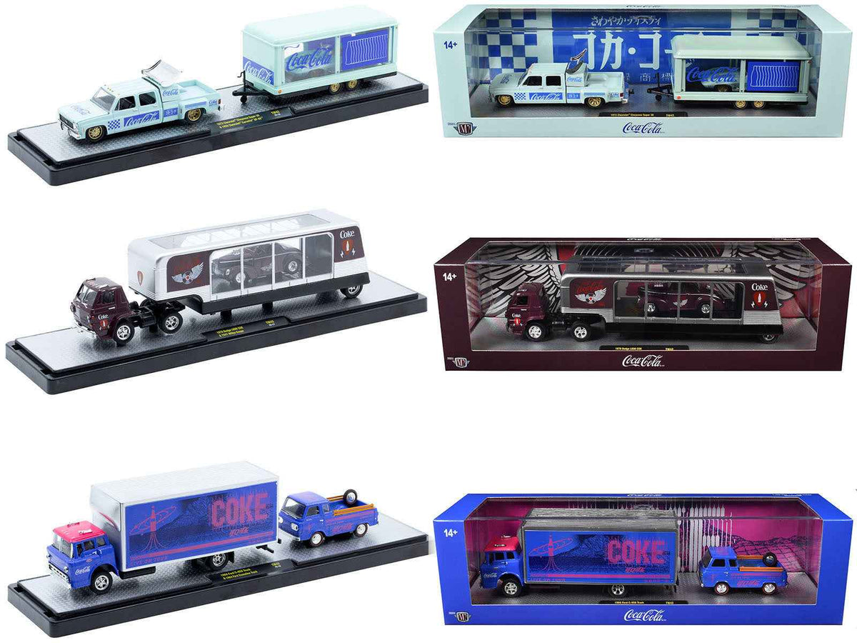 Set of 3 Coca-Cola themed 1/64 scale diecast auto haulers by Miniature Motors, limited edition M2 Machines release.