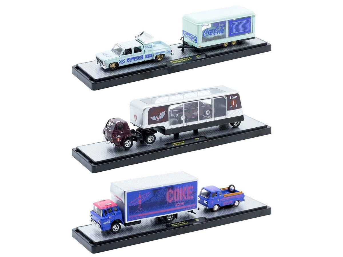 Set of three 1/64 scale Coca-Cola diecast auto haulers by Miniature Motors, limited edition Release 42 from M2 Machines.