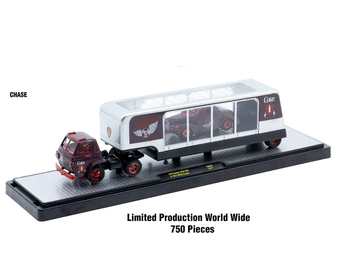 Set of three Coca-Cola themed 1/64 scale diecast auto haulers by Miniature Motors, limited edition M2 Machines models.