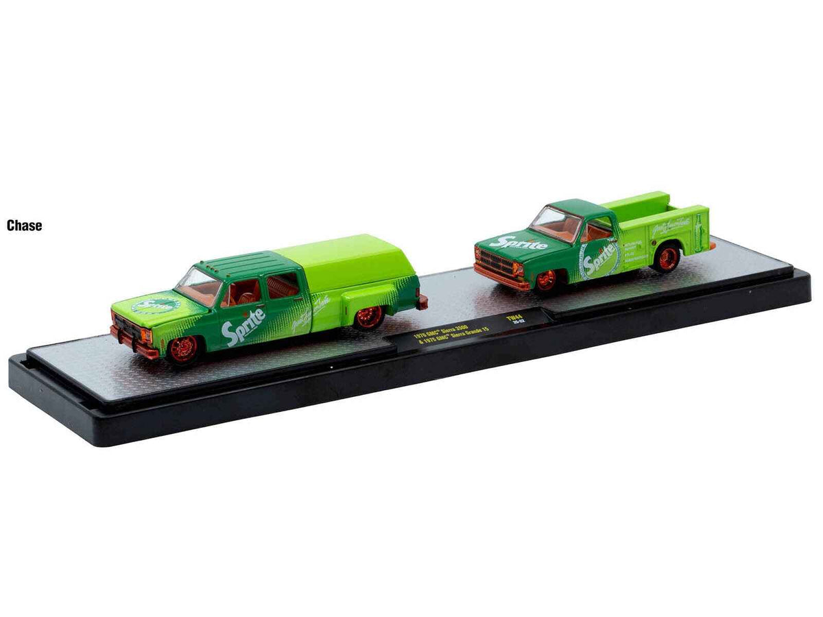 Set of three 1/64 scale diecast soda-themed auto haulers by Miniature Motors, limited edition M2 Machines model cars.
