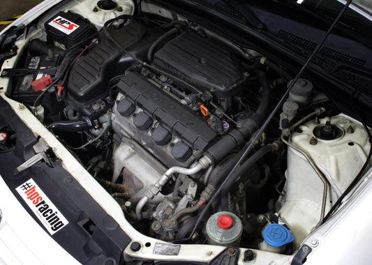 FR SPORT silicone radiator coolant hose kit installed in Honda Civic 1.7L AT engine, showing black hoses and connection points.