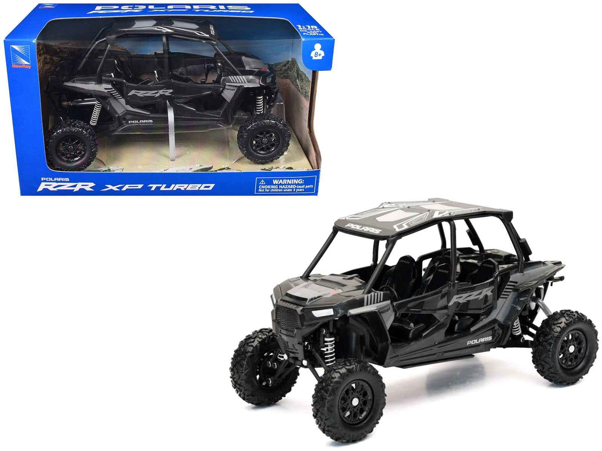 Miniature Polaris RZR XP 4 Turbo EPS sport UTV diecast model in black with gray graphics by Miniature Motors, 1/18 scale.