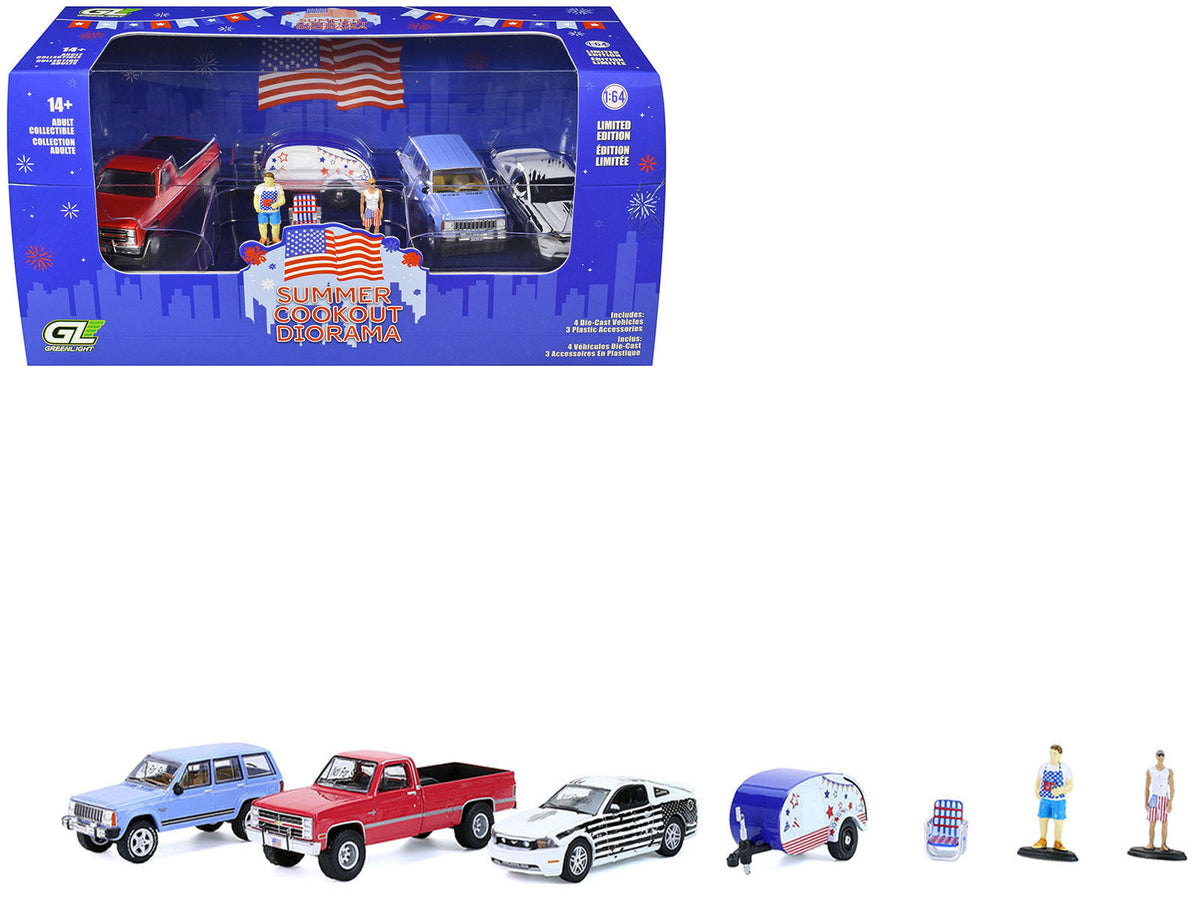 Miniature Motors 1/64 scale Summer Cookout Diorama set with seven diecast model cars, detailed miniature cars for display.