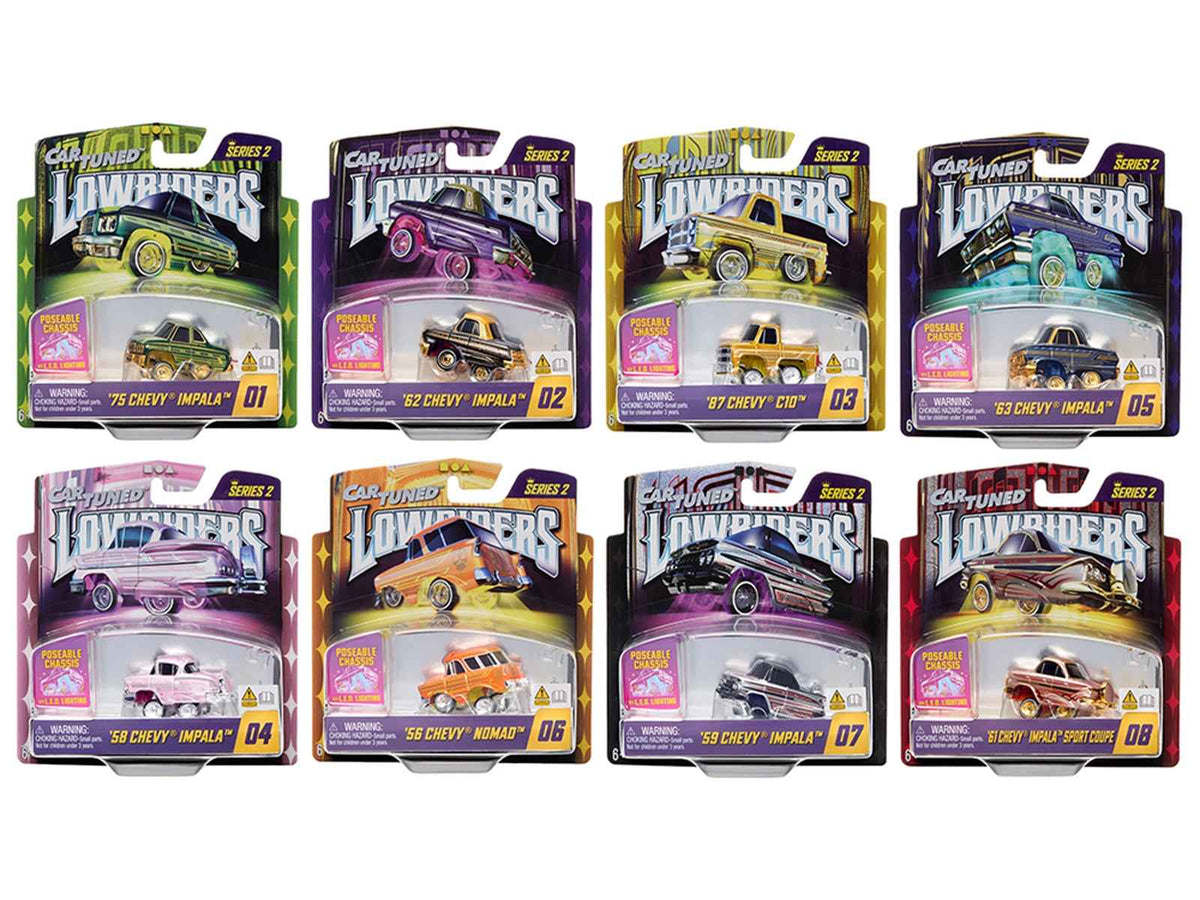 Set of 8 Miniature Motors Lowriders Show Glow Series 2 diecast model cars arranged together, showcasing detailed miniature vehicle designs.