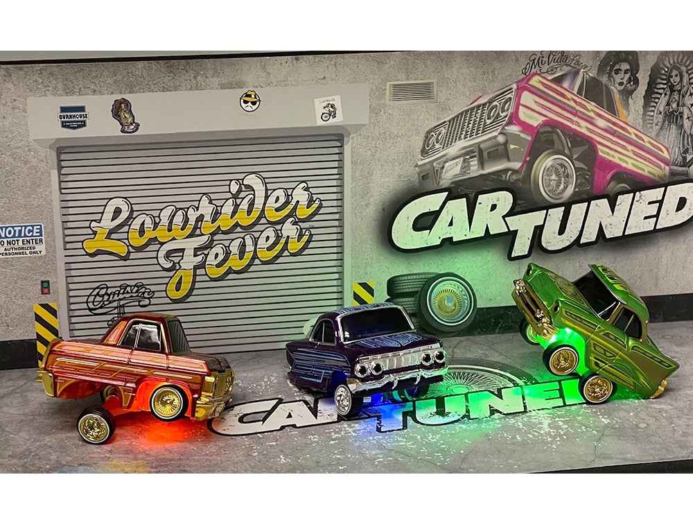 Set of 8 Miniature Motors Lowriders Show Glow Series 2 diecast model cars, detailed collectible toy cars.