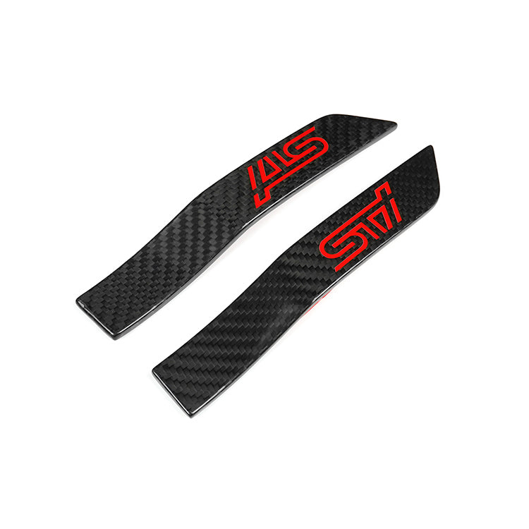 JDMuscle Tanso Carbon Fiber Fender Emblem V2 for 2015-2021 Subaru WRX/STI, close-up of sleek black emblem on vehicle fender.