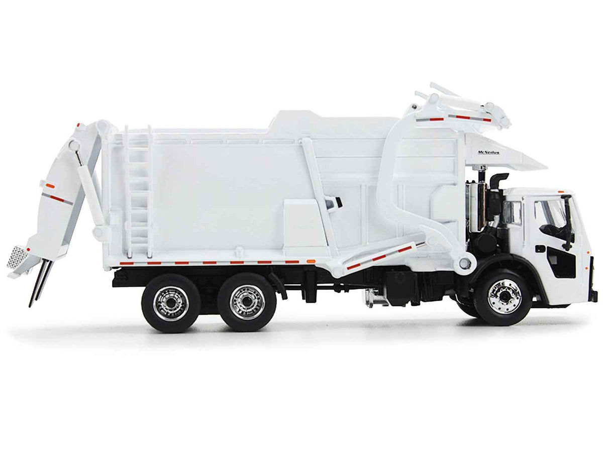 Miniature Mack LR refuse garbage truck diecast model by DCP, white with McNeilus Meridian front loader and trash bin, 1/64 scale.