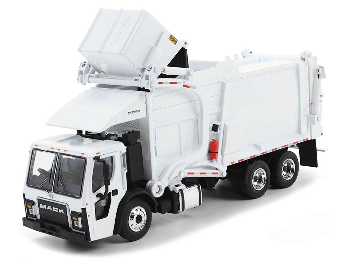 Miniature Motors Mack LR refuse garbage truck diecast model with McNeilus Meridian front loader and trash bin in white, 1/64 scale.