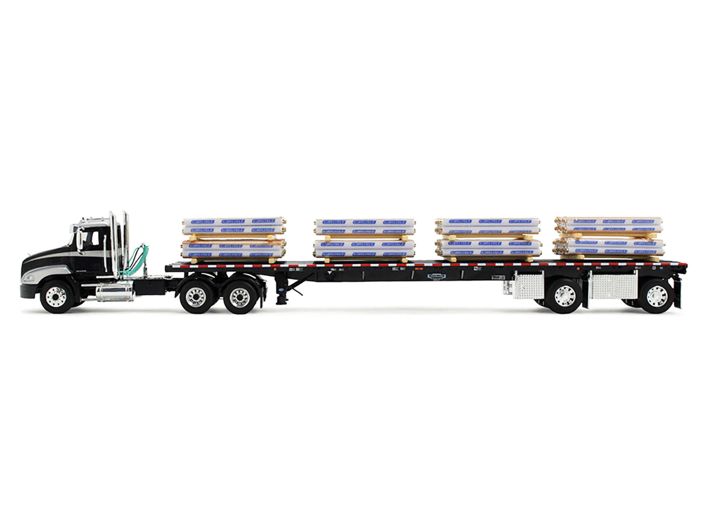 Mack Pinnacle Day Cab with Minimizer Parts & 53' Wilson Roadbrute Flatbed Trailer with "Carlisle Roofing" Loaded Pallets Black with Silver Top and Stripes 1/64 Diecast Model by DCP/First Gear