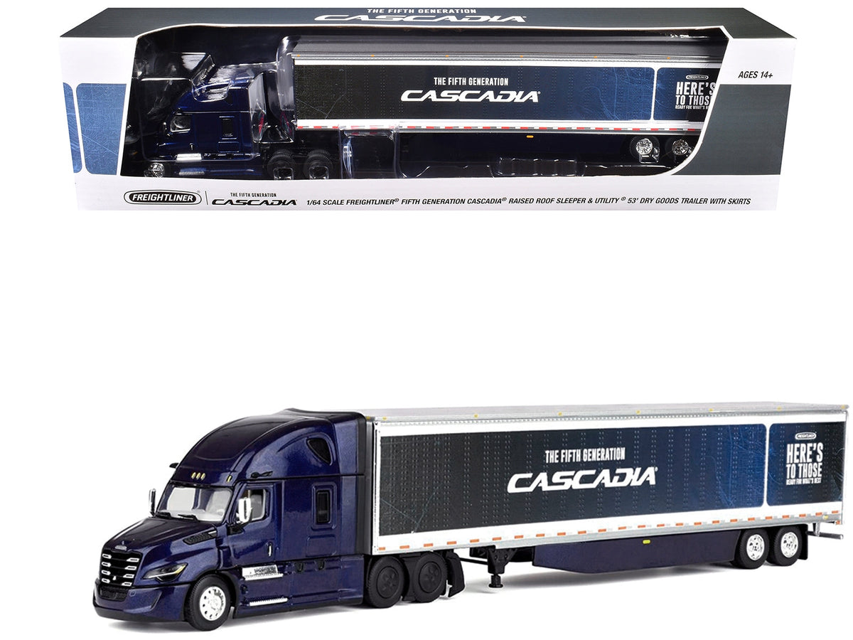 Miniature Motors 1/64 Freightliner Fifth Generation Cascadia raised roof sleeper and 53' utility trailer in midnight blue, diecast model.