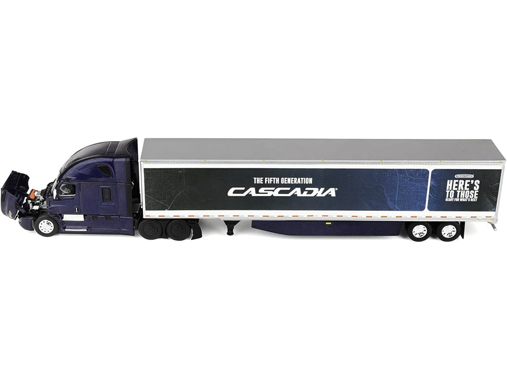 Miniature Motors Freightliner Fifth Generation Cascadia raised roof sleeper and 53' utility trailer diecast model in midnight blue.