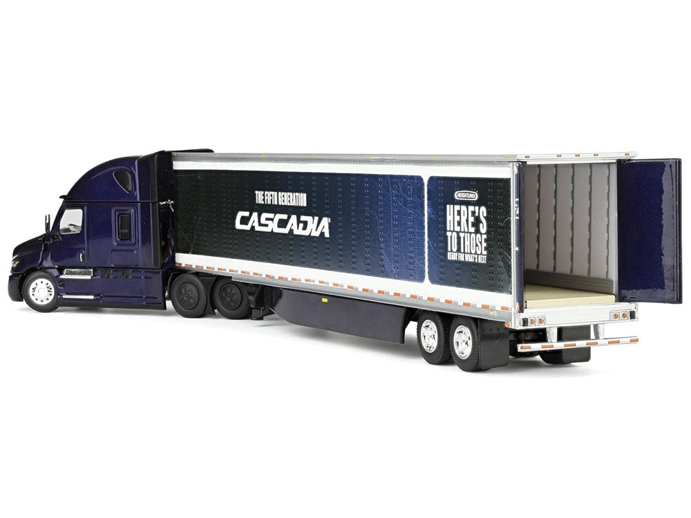Miniature Motors Freightliner Fifth Generation Cascadia raised roof sleeper and 53' utility trailer diecast model in midnight blue.