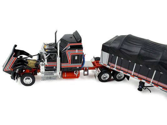 Kenworth W900A with 60" Aerodyne Sleeper and 53' Wilson Roadbrute Flatbed Trailer with Covered Wagon Black with Red Stripes 1/64 Diecast Model by DCP/First Gear