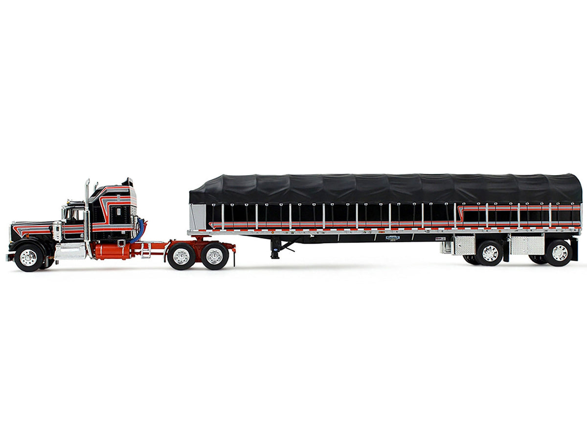 Miniature Kenworth W900A model with 60" Aerodyne Sleeper and 53' Wilson Roadbrute Flatbed trailer, black with red stripes, diecast.