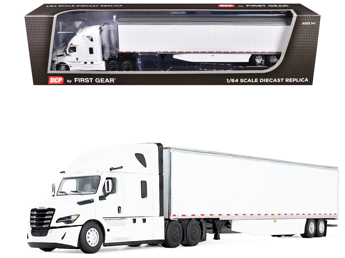 White Freightliner Fifth Generation Cascadia sleeper truck with 53' utility trailer and skirts, 1/64 diecast model by DCP/First Gear.
