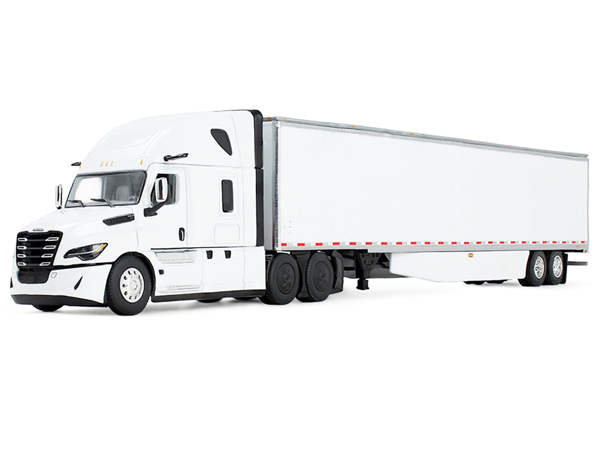 White Freightliner Fifth Generation Cascadia diecast model with raised roof sleeper and 53' utility trailer, detailed miniature by Miniature Motors.